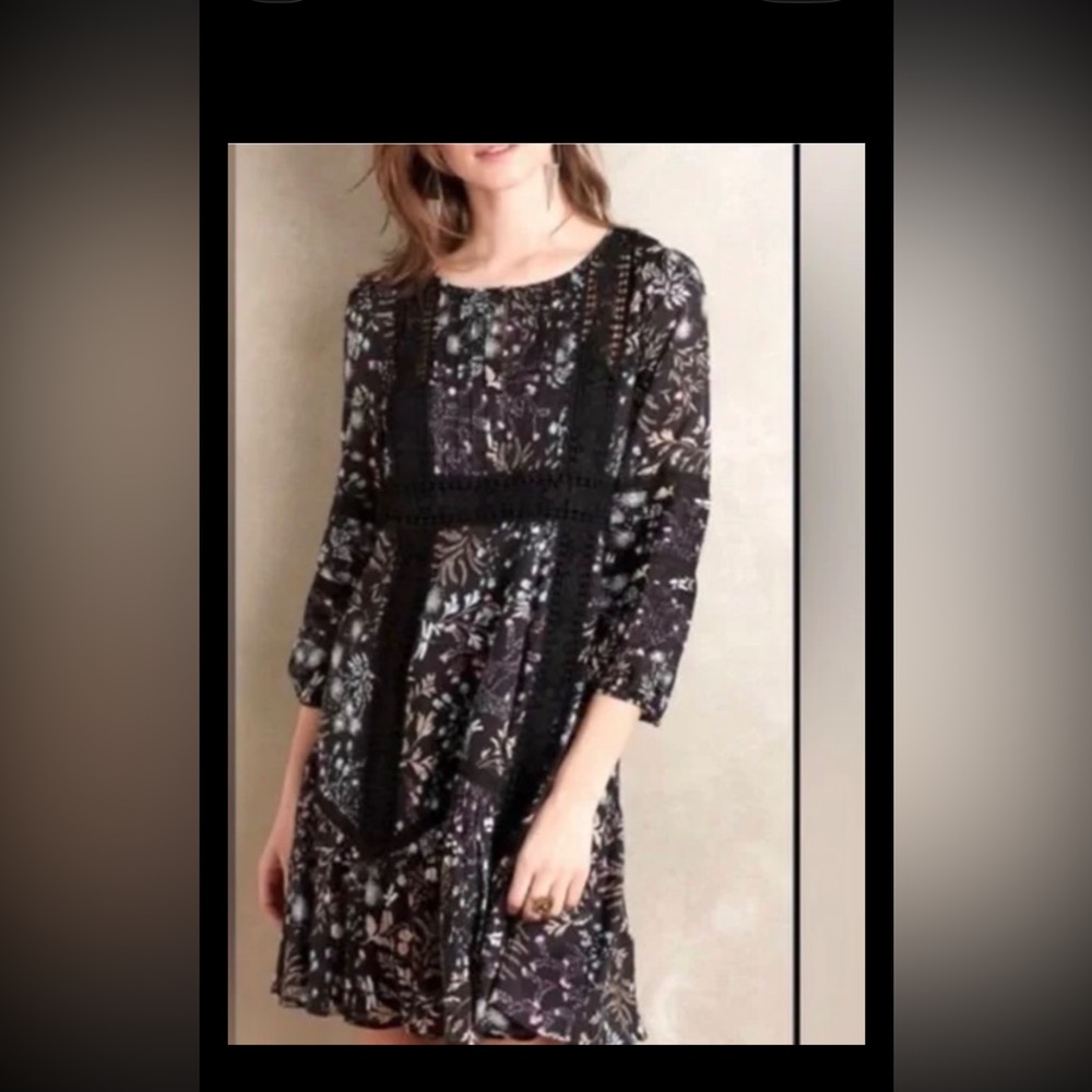 NWT Anthropologie Moulinette Soeurs  Black Floral Boho Cotton Tunic Dress Sz 6